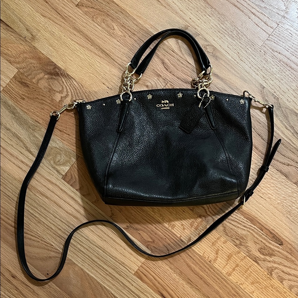 Limited Addition Coach Black Leather Kelsey Bag with Gold Floral Rivets